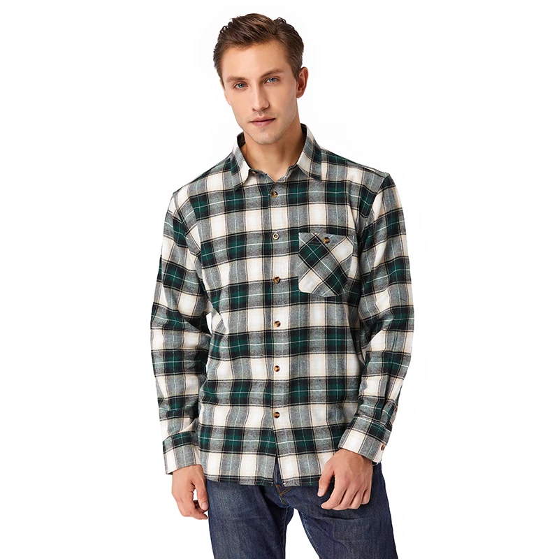 Custom OEM logo design shirt 100% cotton button down curved hem long sleeve plaid shirts for men