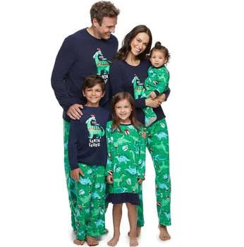 2022 new design green dinosaur christmas pajamas family matching, holiday green pajamas girls dress sleepwear in bulk