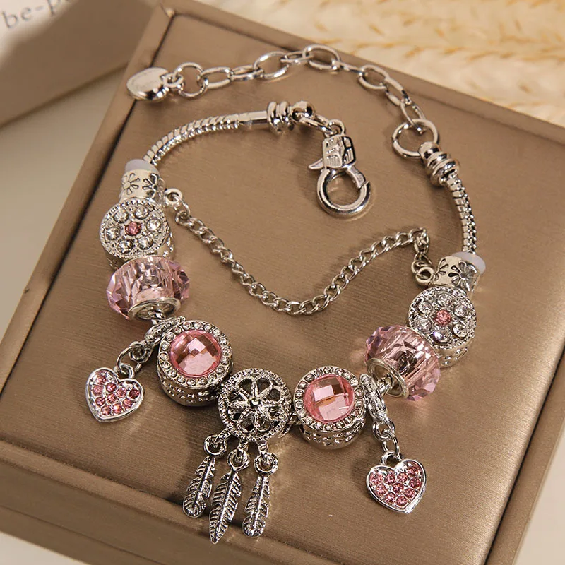 Cheap silver plated adjustable dreamcatcher charm bracelet large hole beads snake chain crystal heart pendant bracelet for women