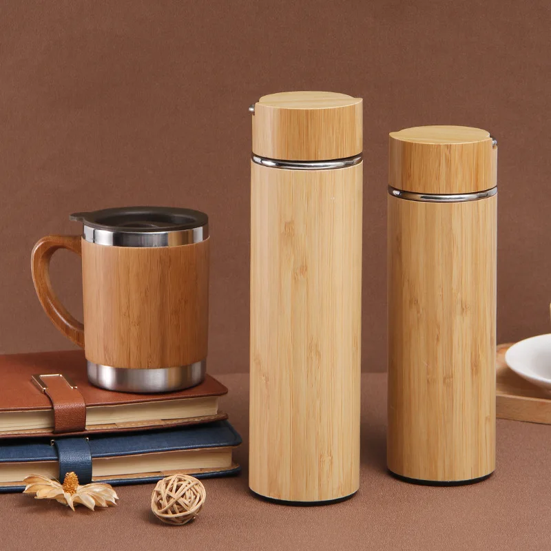 Bamboo Tumbler with Tea Infuser Bottle Loose Leaf Strainer Advanced Double Insulated Stainless Steel Travel Thermos