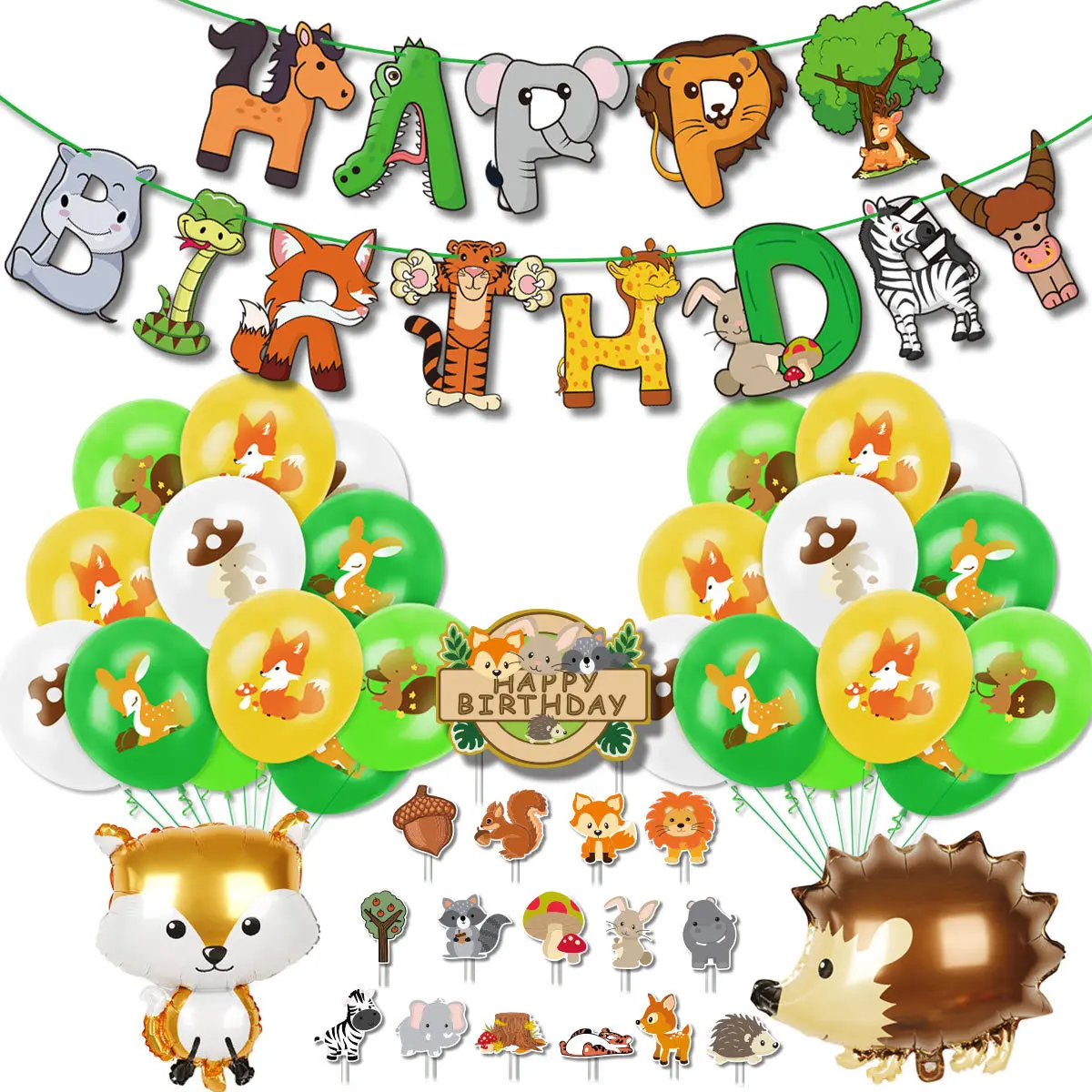 Animal Fox Greenery Jungle Safari Theme Balloons Cupcake Topper Birthday Party Decorations Supplies