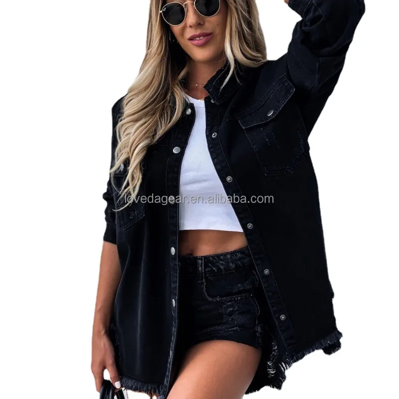 Amazon Best Selling Women  Long Sleeve Button Down Jean Jacket Denim Shacket Jackets With Tassel