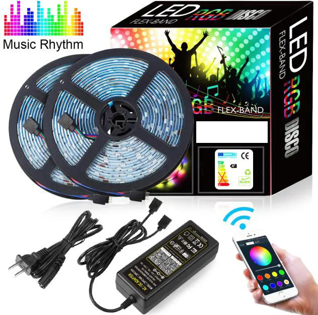 Music Control RGB+Power Adapter 10M 2835 RGB LED Strip Lights Colour Changing 