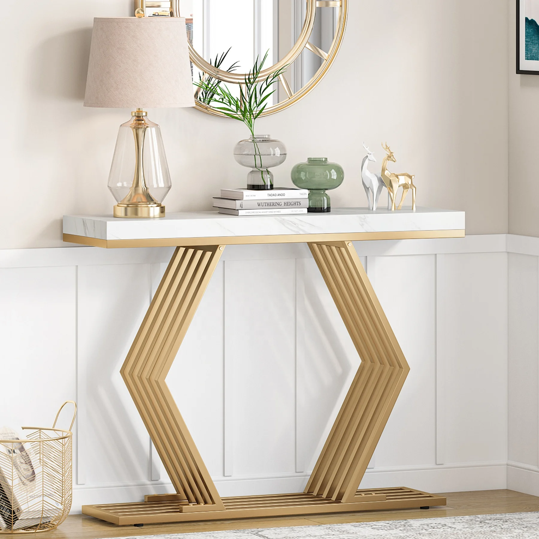Tribesigns 42 inches Modern Geometric Metal Base White Faux Marble Top Entryway Foyer Table Gold Console Table Home Decor