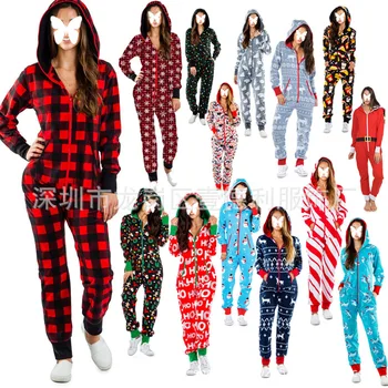 2021 Christmas Onsies Long Sleeve Pants Onesie Pajamas New Year Romper Cartoon Sleepwear Adult Onesie With Butt Flap For Women