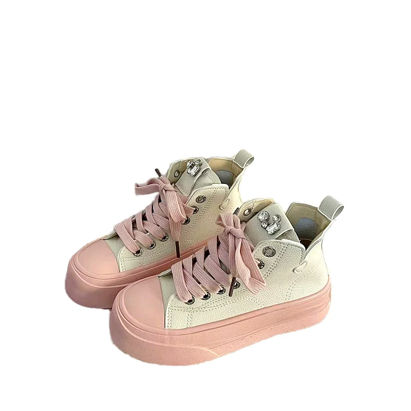 Wenzhou Factory Fashion Casual Shoes High Top Thick Bottom  Sneaker  Pink Lace-Up Canvas Shoes For Men