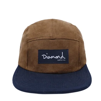 Custom Vintage Two Tone Suede Camp Hat with Metal Eyelets Stitched Woven Logo Patch 5 Panel Camp Cap