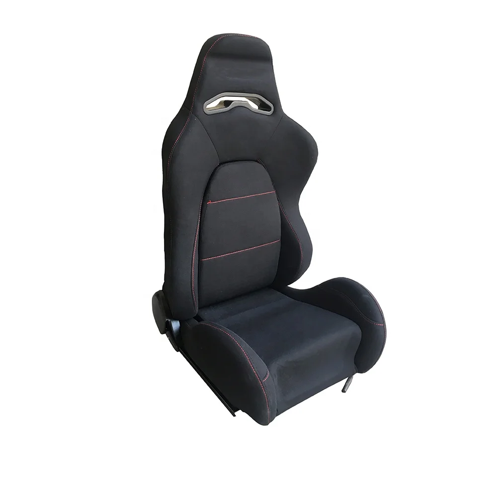 Topline Autopart Universal 1X T-R Sport Style Black PVC Leather Red Stitch Reclinable Racing Bucket Seat with Slider 