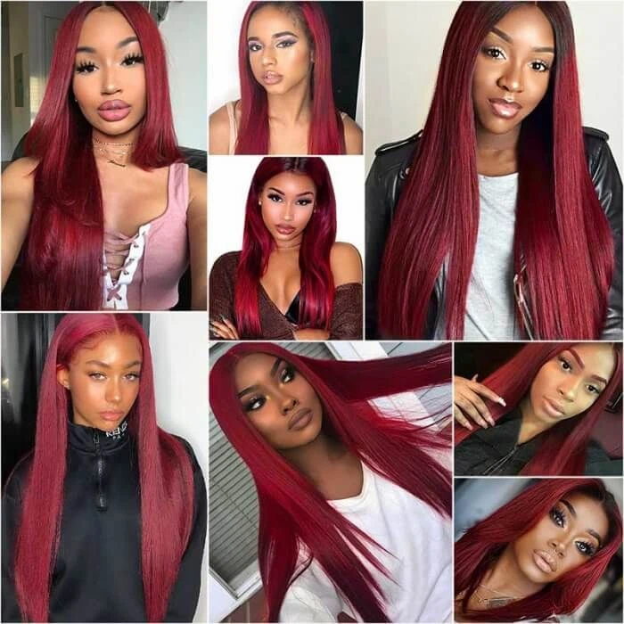 99j Burgundy Straight Color 13x4 Hd Lace Front Wig,Free Part Pre Plucked Wigs 99j Transparent,100 Human Burgundy Deep Wave Wig