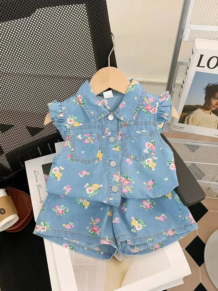 2023 Summer Girl's New Suit Denim Floral Shirt + Shorts Two-Piece Set