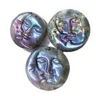 Labradorite Carving Hand Carved Natural Pink Purple Flash Labradorite Plam Stone Sun And Moon Face Carving
