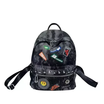 Street fashion women's bag New denim with leather backpack Fashion brand riveted backpack