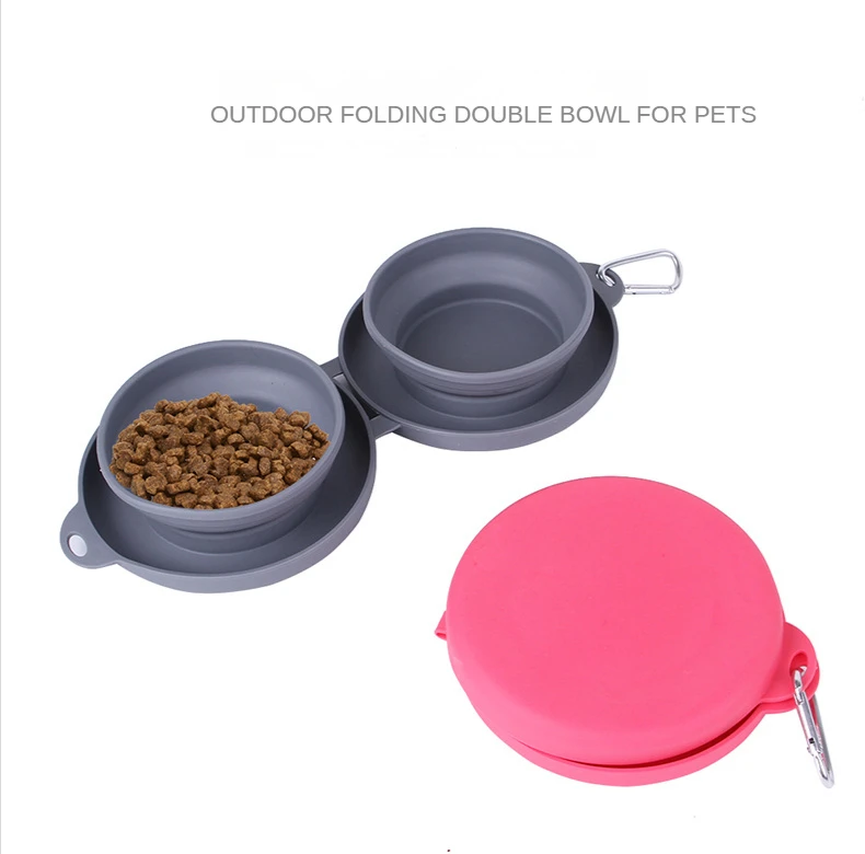 Rubber Foldable Double Bowl Pet Outdoor Travel Feeding Bowl For Pet