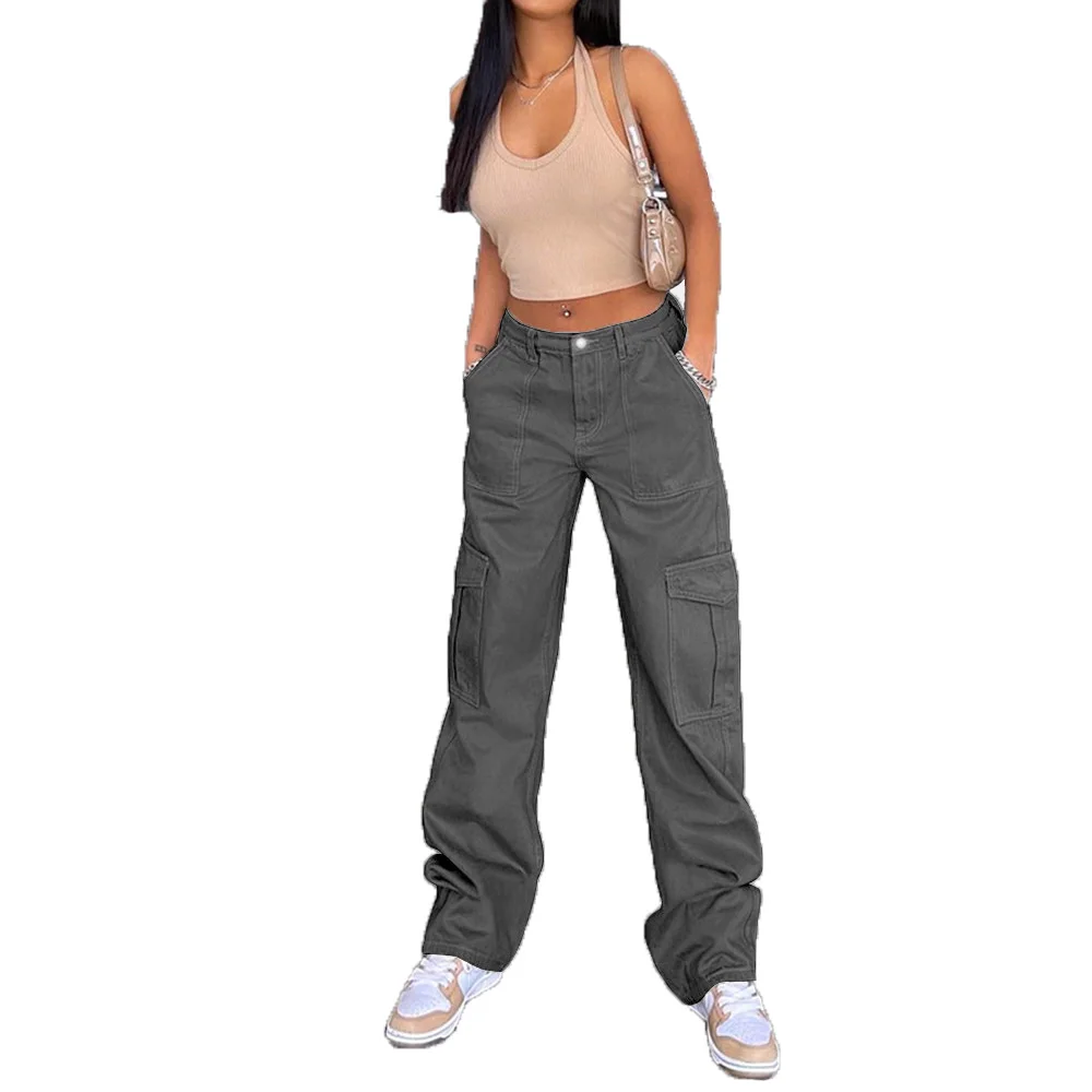 Low Waist Khaki Denim Jeans Women Fashion Trendy Sexy Feature Pocket Cargo Pants factory