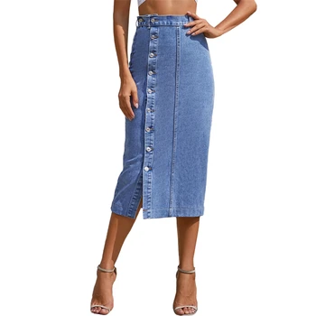 Womens Denim Skirts Irregular Split Plus Size All Long Button Denim Skirt High Waist Midi Maxi Skirt