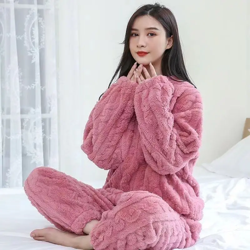 2023 Women Casual Hot Sale Long Sleeve O-neck Fleece Pajamas Solid Color Fleece-lined Thickened Winter Home Wear Two Piece Set