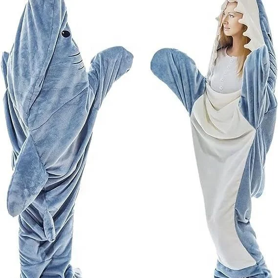 Premium Adult Shark Blanket Hoodie Cozy Flannel Hoodie Blanket with Shark Fin Design