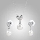 Pearl Set Imitation Rhodium Jewelry Crystal White Pearl Heart Shape Earring And Necklace Set