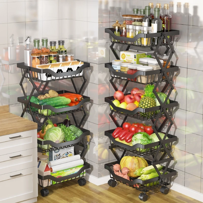 Metal 4 Tier Kitchen Storage Basket Floor Standing Foldable Storage Baskets for Kitchen