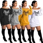Spring New Trending Spring Winter Pink Letter Print Sexy Strapless Long Sleeve Casual Dresses Women