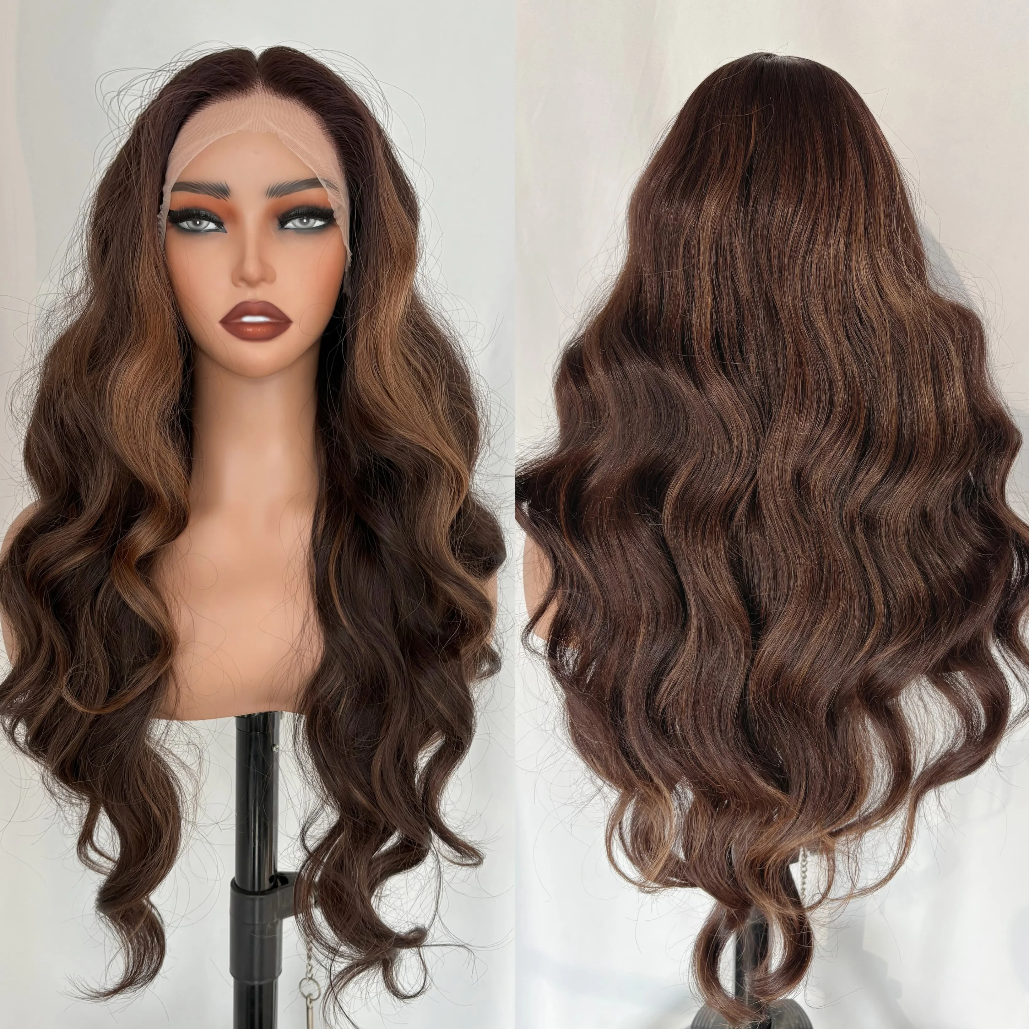 Elegant Copper Ombre Highlight Loose Body Wave Wig 13*6 Ombre 1B/30 Black Brown Transparent Lace Synthetic Blend Hair Fiber Wigs