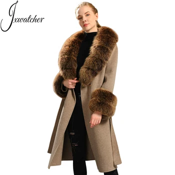 Wholesale Elegant Winter Wool Coat Double Face Big Real Fox Fur Collar Spring Custom Logo Luxury Long Trench Women Cashmere Coat