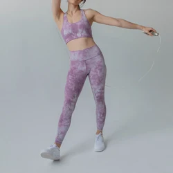ECBC New Tie Dye 2 Piece Plus Size Ribbed Fitness Women Yoga Set  Short Purple Sexy Workout Ladies Seamless Yoga Bra Legging Set