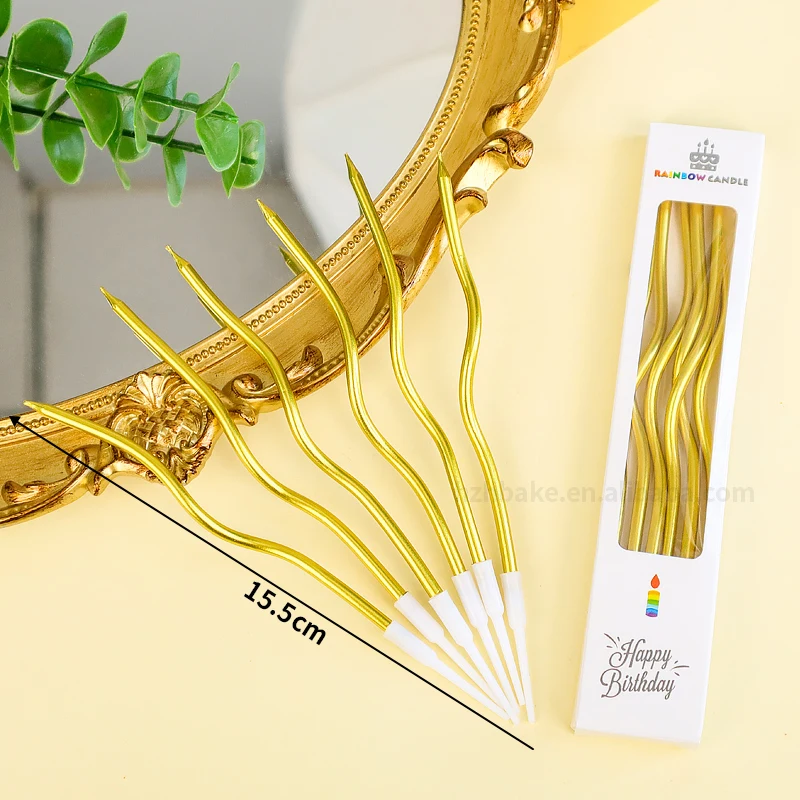 Wholesale Hot cake candles Cake Accessories 6pcs set Colorful Gold Silver Curvilinear Candles