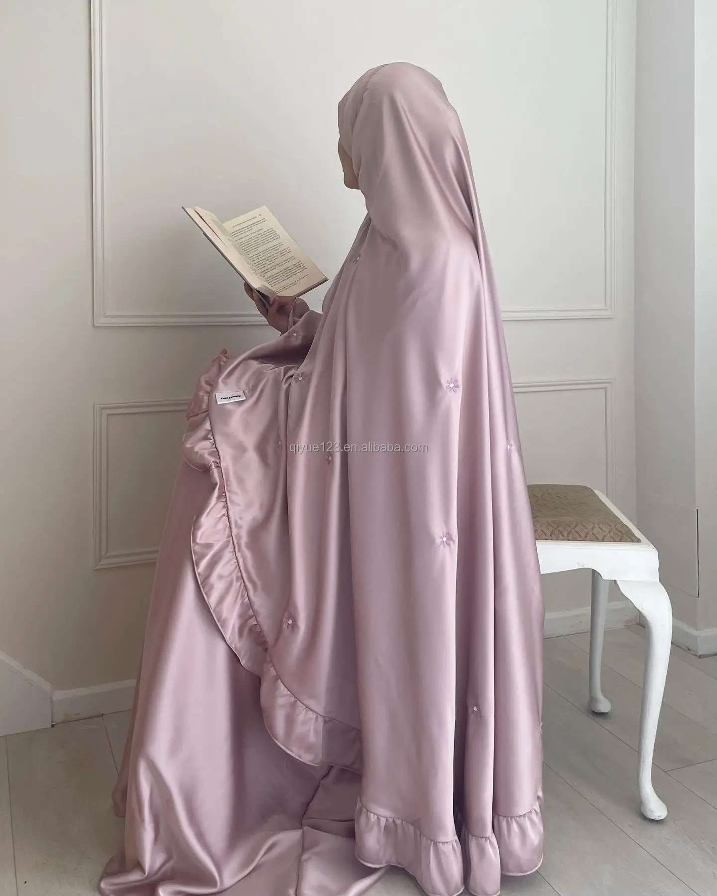 Plain Solid Color Ramadan Dress Custom Printed Abaya With Ruffle Prayer