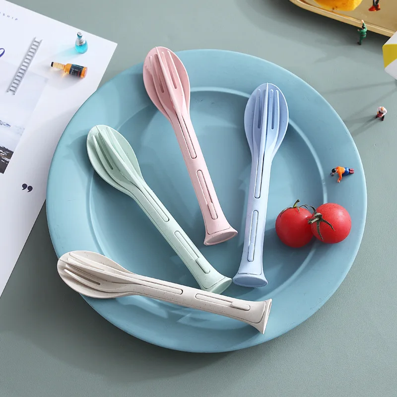 Wholesale 3 in 1 Wheat Straw Cutlery Set Free BPA Portable Spoon and Forks Western Food Tableware