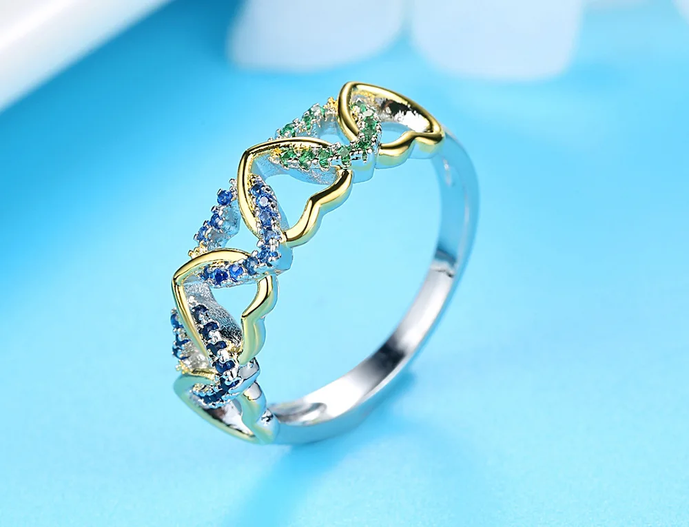 Popular colourful heart ring claw setting zircon heart winding couple ring valentine's day present