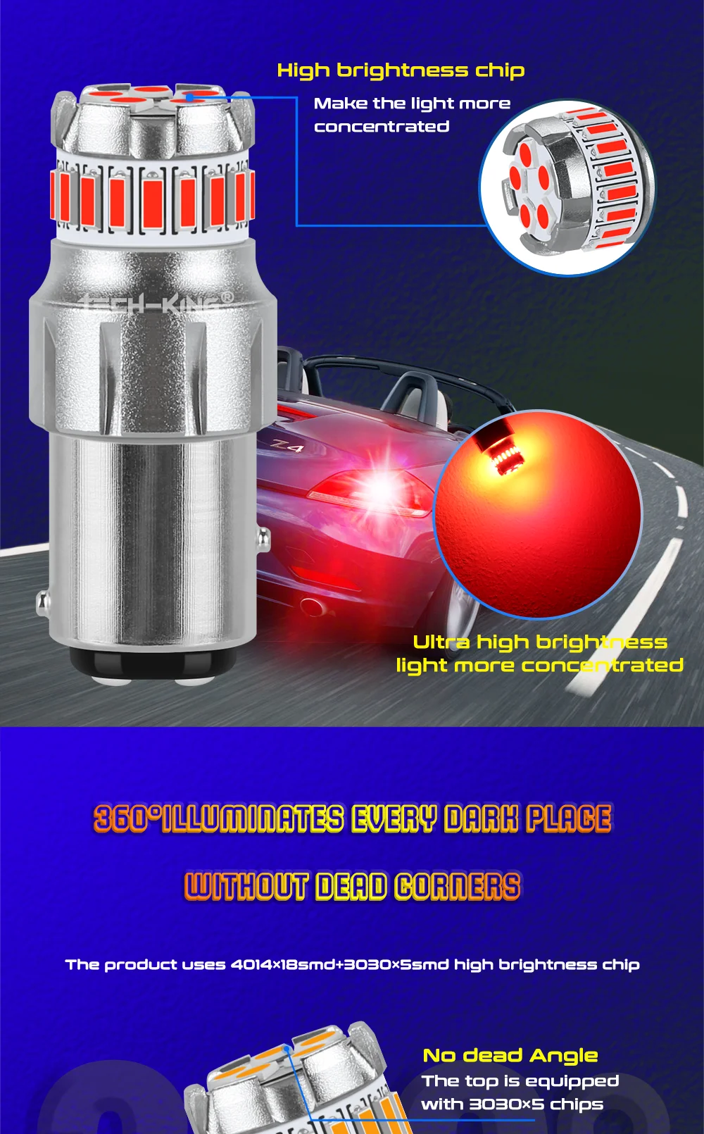 TECH-KING Car Brake Turn Light Led Width Lamp Interior Bulb White 12V-50V 1156 1157 S25 3156 3157 T20 7440 7443 Led Bulb