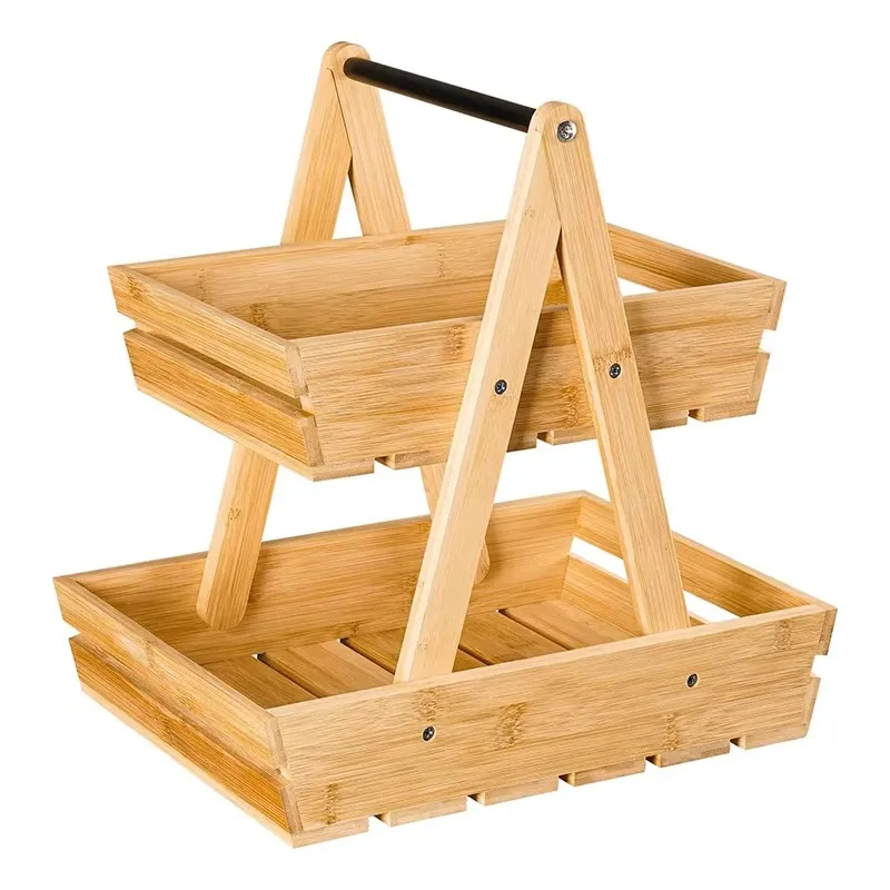 product bamboo 2 tier fruit basket with handle vegetable snack storage rack rustic farmhouse fruit bowl for kitchen counter dining table-6