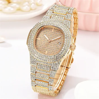 Luxury Unisex Silver Gold Full Diamond Fashion Watches Quartz Analog Stainless Steel Band Bracelet Wrist Watch For Gift