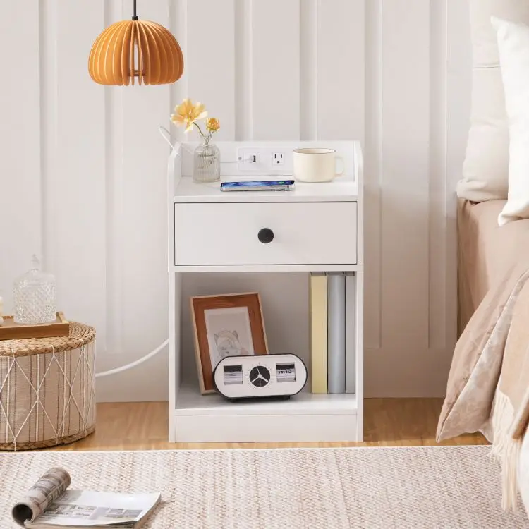 Modern White Wooden 1/2 Drawer Bedside Table Wooden Nightstand Bedside Table With Charging Station And Usb Ports For Bedroom