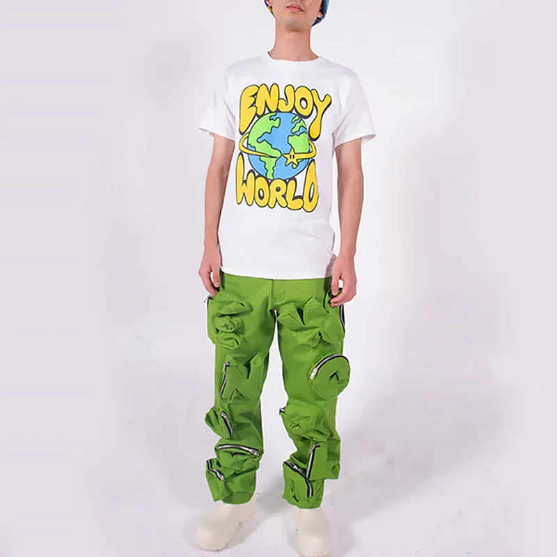 Custom Bright Green Utility Pockets Streetwear Baggy Twill Cargo Pants For Men 13