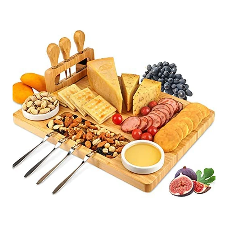 Custom Tray Set Bamboo Cheese Board Knife Set Wooden Chopping Board Charcuterie Cutting Board Platter with Cutlery