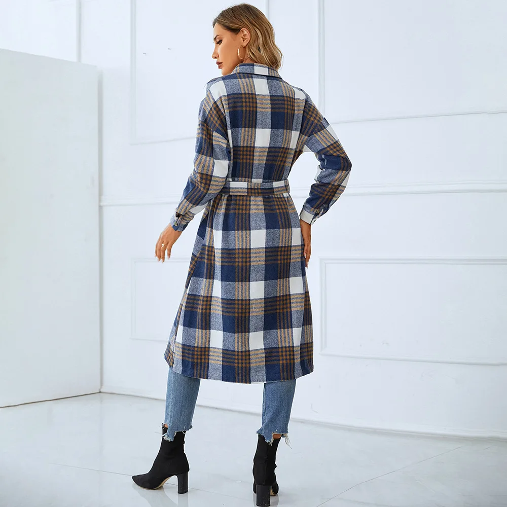 hotsale Best Design Womens Winter Coat Women's Casual Lapel Button Long Plaid Shirt Coat Tartan Jacket Women