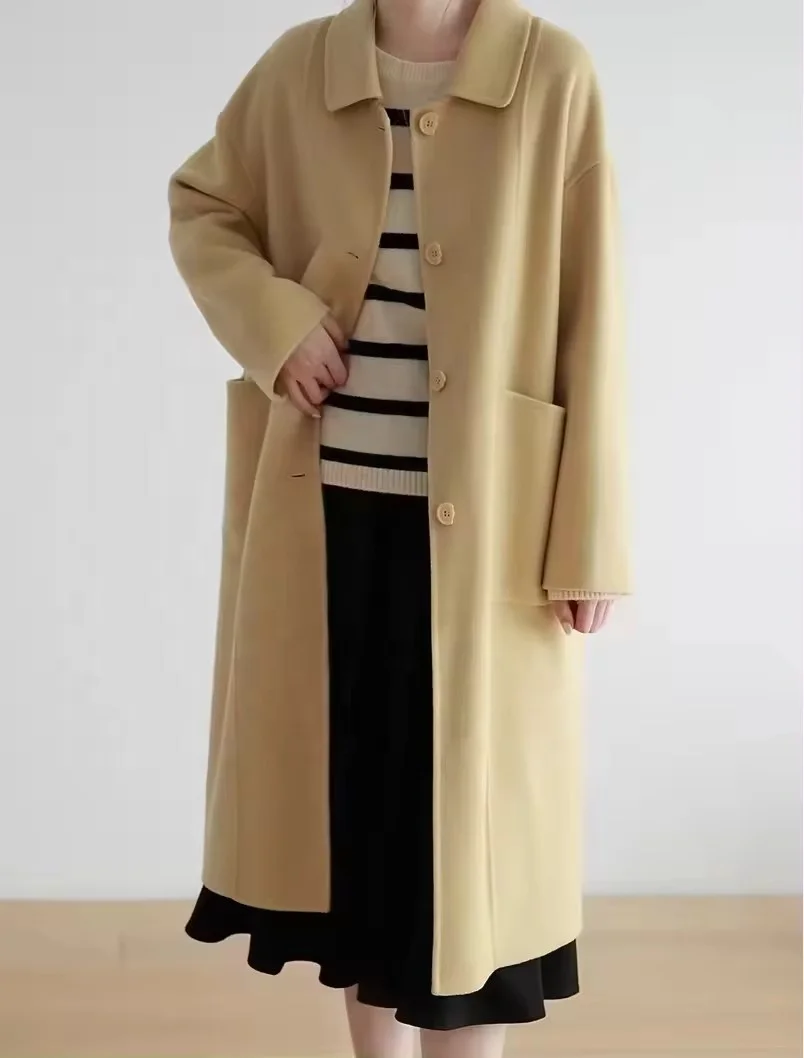 Russia Simple Women Woolen Coat V-Neck Belt Long-Sleeved Coat Autumn and Winter New Solid Color Women's Overcoat