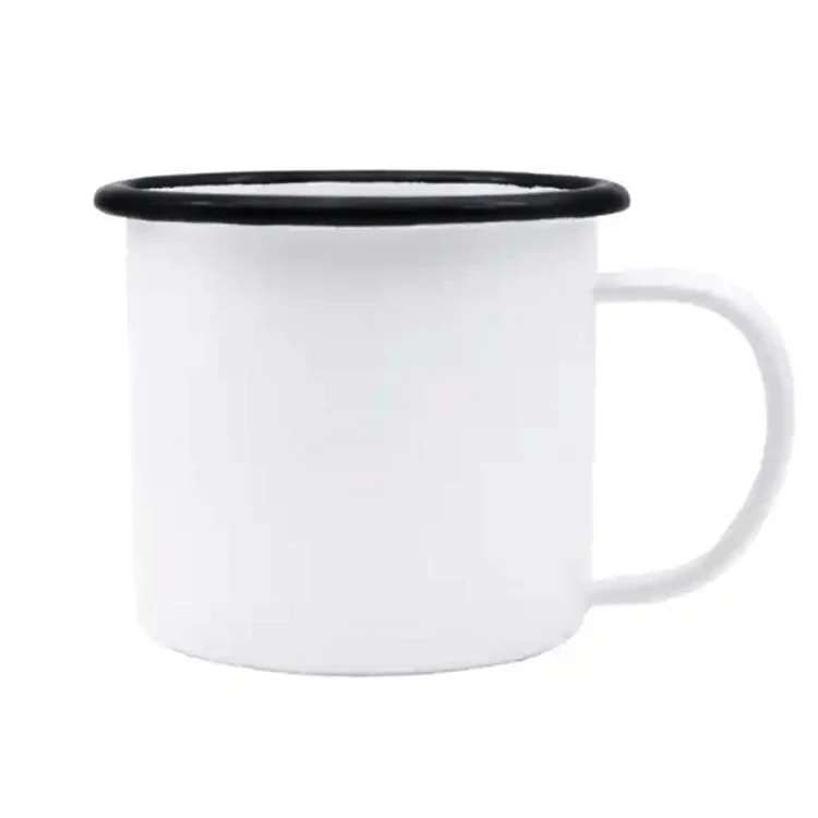 Factory Wholesale 12oz blank roll rim steel rim White Coated Sublimation enameled cup camping mugs enamel coffee mug