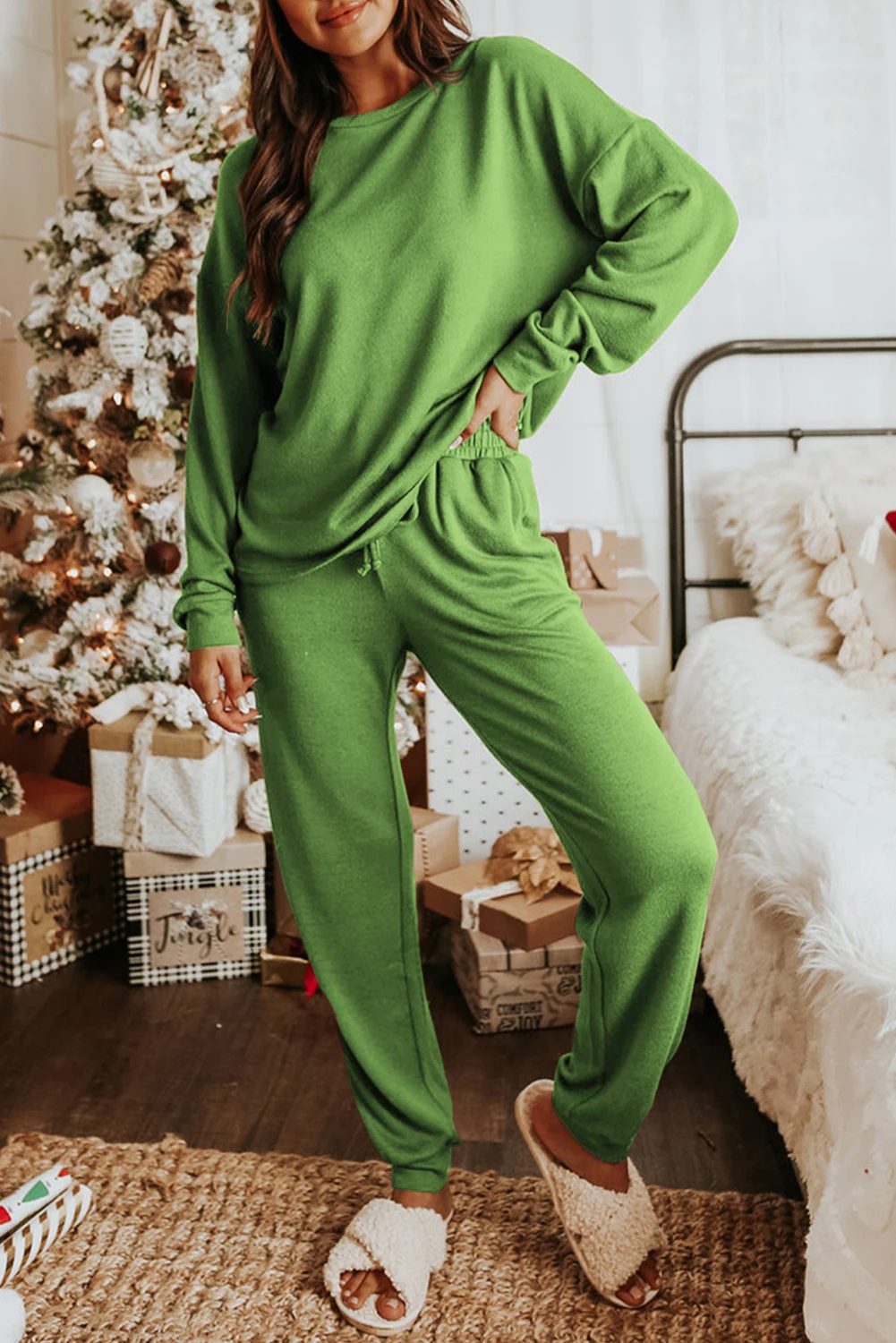 Dear-Lover Spinach Green Long Sleeve Pullover Jogger Pants Set Women's Pajamas