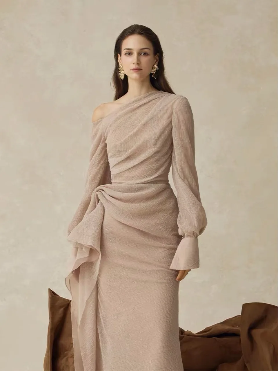 Off Shoulder Pleated Khaki Elegant Dress 4 Hb1261fce26fa4fea8b2fd9ab96e11f4dU