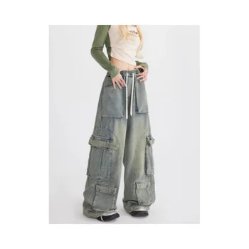 Wholesale Ready Stock Latest Design Women Streetwear Washed Ripped Denim Baggy Jeans Pocket Cargo Pants Women