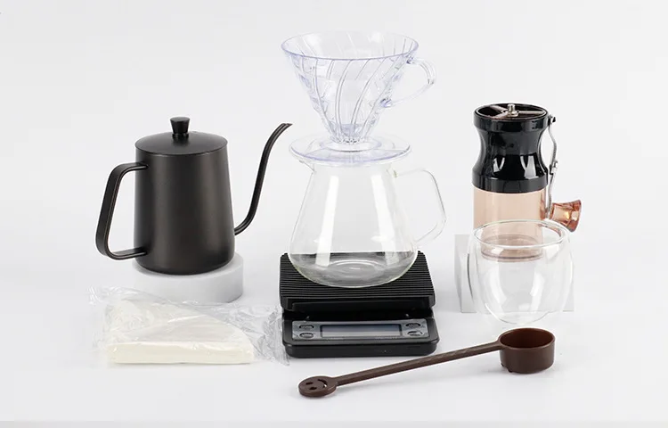 Wholesale Hand Brewed Coffee Set Combo Customized Hand Crank Bean Grinder Filter Cup Electronic Scale Sharing Pot
