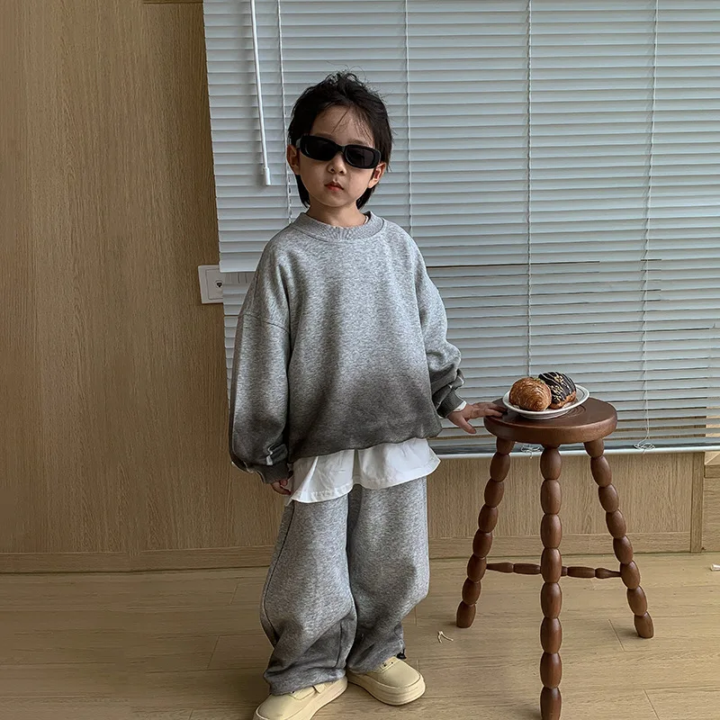 Kids gray cotton hoody+pants Suit  childrens unisex 2pcs clothing set fashion cloth sets