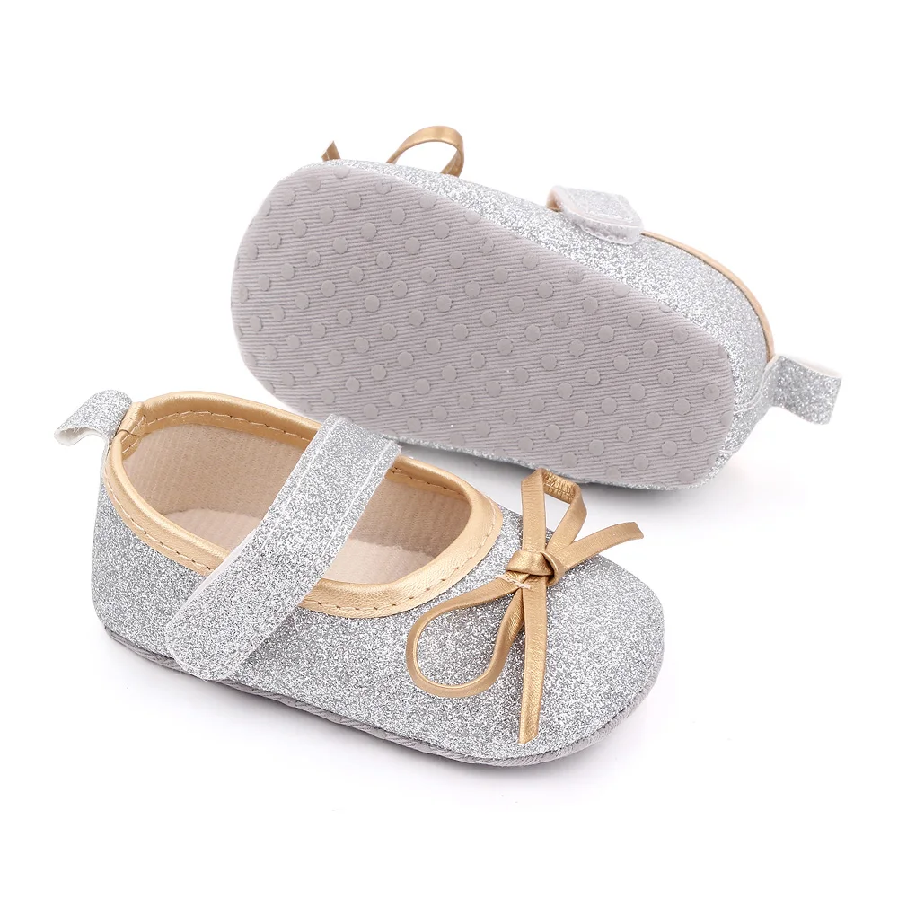 Spring and Autumn Baby Girls Sparkle Solid Color Glitter pink Bow Princess Toddler Shoes manufacture