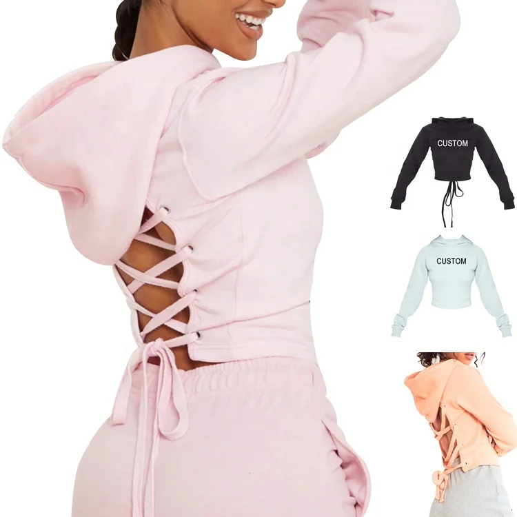 lace up back crop hoodie