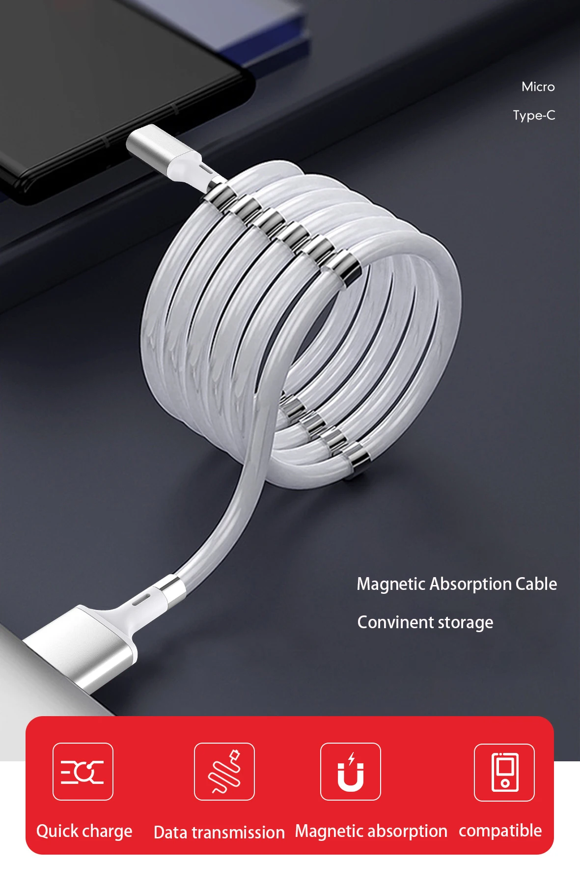 2021 hot sale Data Cable Magnetic Absorption Cable & Convenient Storage cable For Mobile Phone