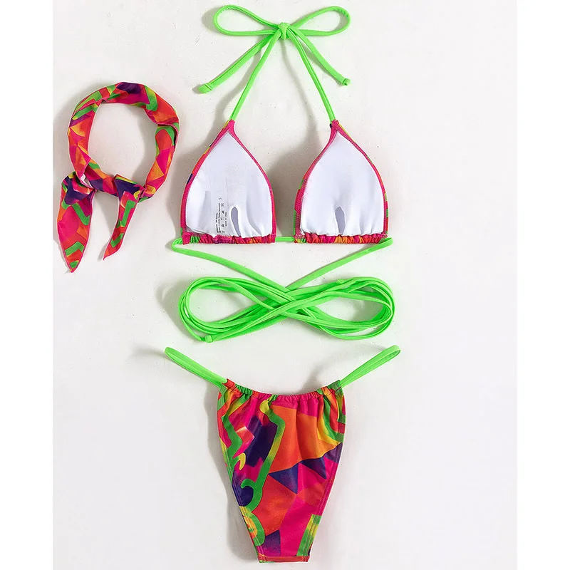 Sexy Women Summer Swimwear Nightclub Bikini Set Bra Tie Side G String Thong Beach Triangle Suit