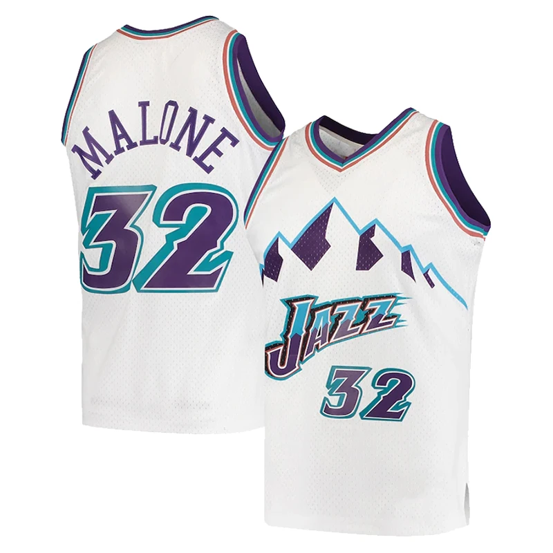 Retro Camiseta Jersey Cosido Baloncesto Utah Jazz #32 Karl Malone Blanco 